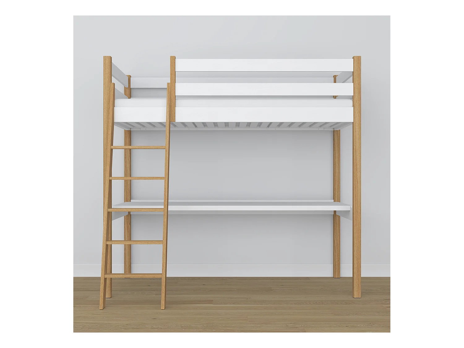 Lit mezzanine en bois - avec bureau N03 Blanc / Chêne Naturel 80x200
