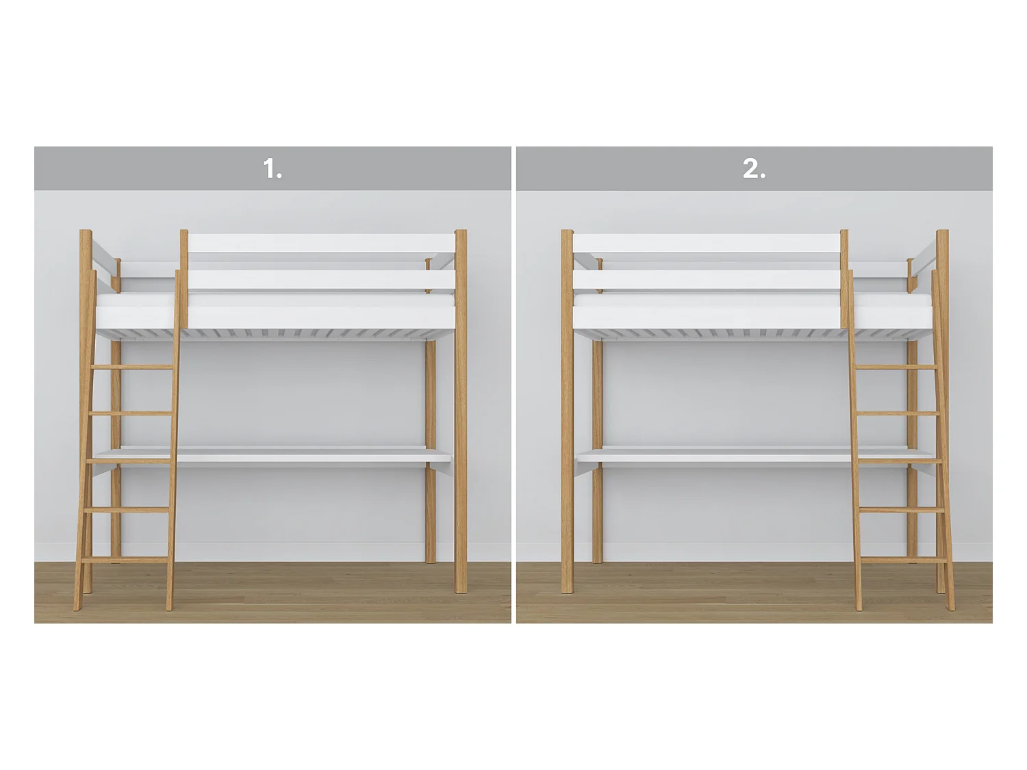 Lit mezzanine en bois - avec bureau N03 Blanc / Chêne Naturel 80x200