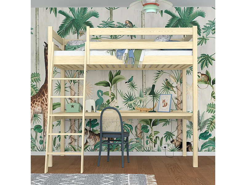 Lit mezzanine en bois - avec bureau N03 Pin Clair 80x180