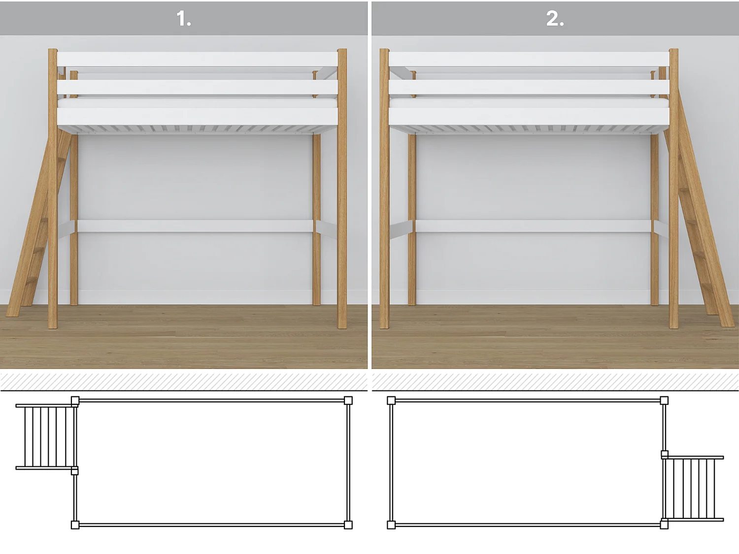 Lit mezzanine en bois N02 Blanc / Chêne Naturel 100x200