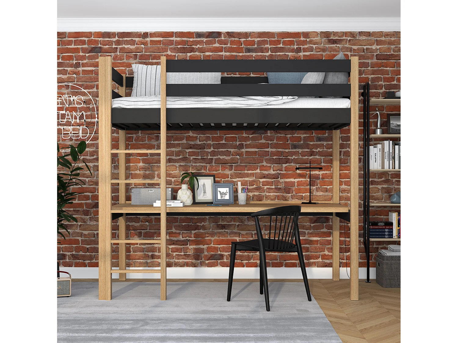 HOCHBETT N05 mit Schreibtisch Schwarz / Eiche Natur 100x180