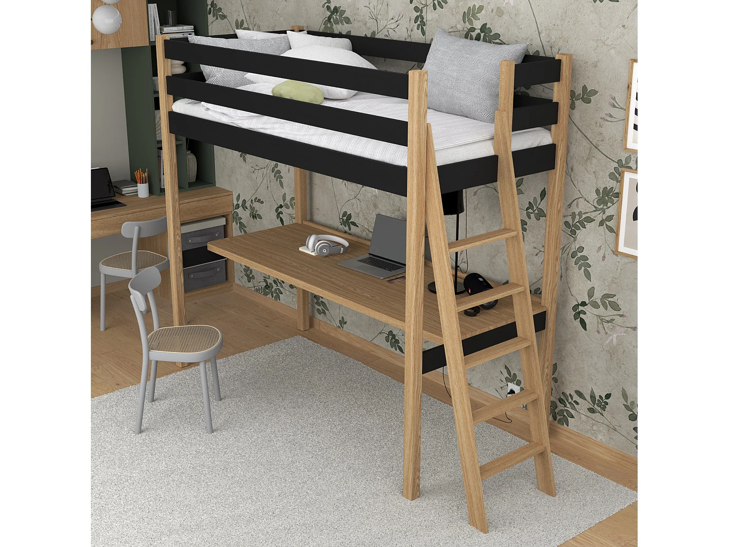 Lit mezzanine en bois - avec bureau N02 Noir / Chêne Naturel 120x180