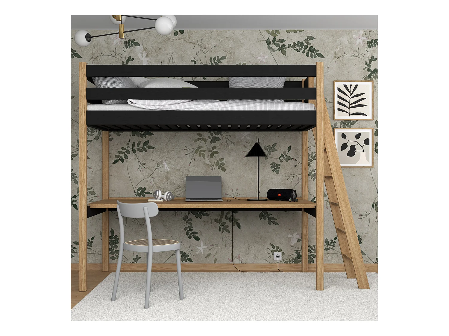HOCHBETT N02 mit Schreibtisch Schwarz / Eiche Natur 120x180