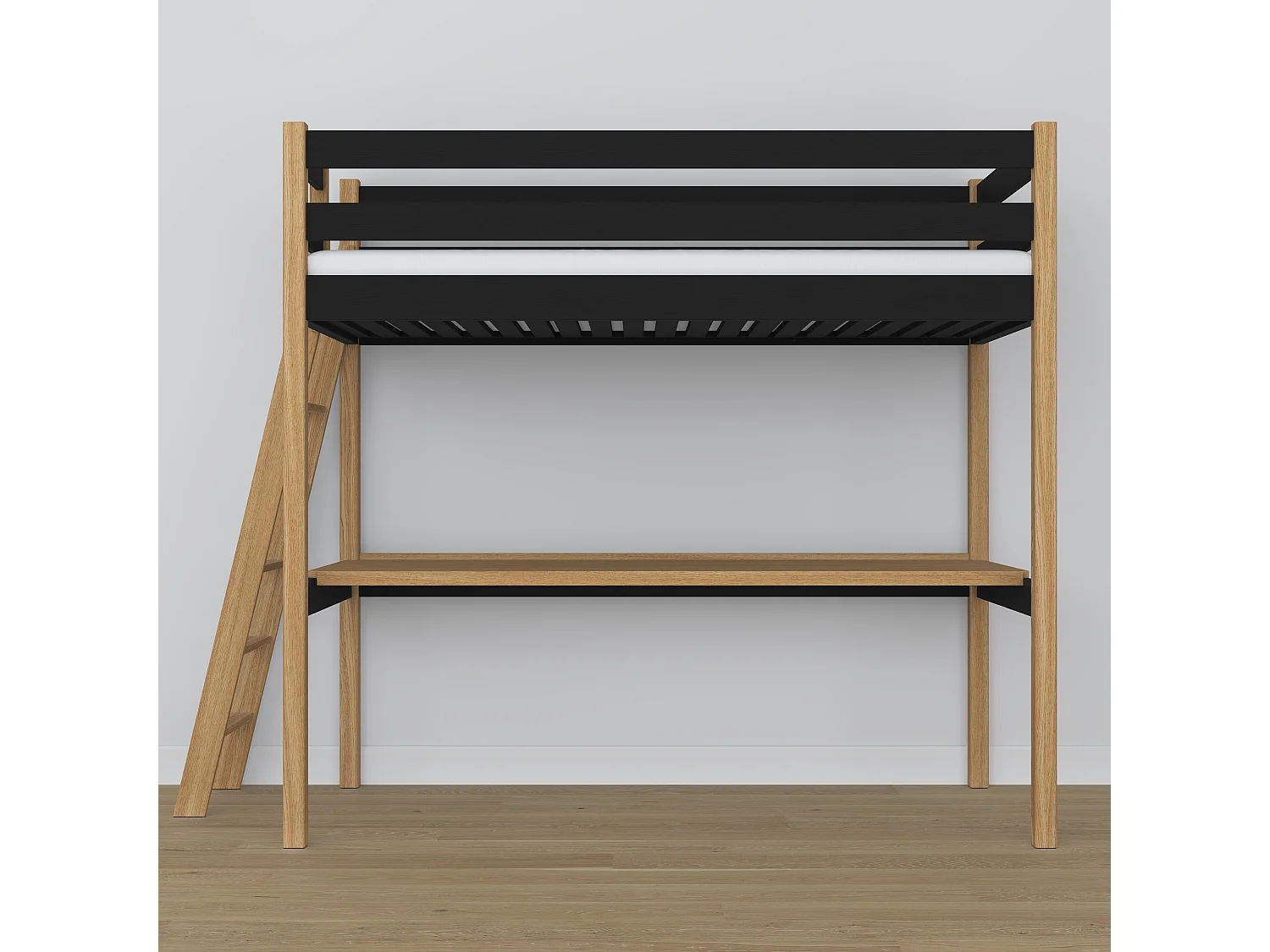 Lit mezzanine en bois - avec bureau N02 Noir / Chêne Naturel 120x180