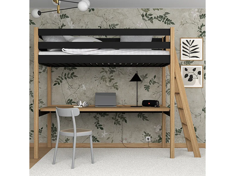 Lit mezzanine en bois - avec bureau N02 Noir / Chêne Naturel 120x180