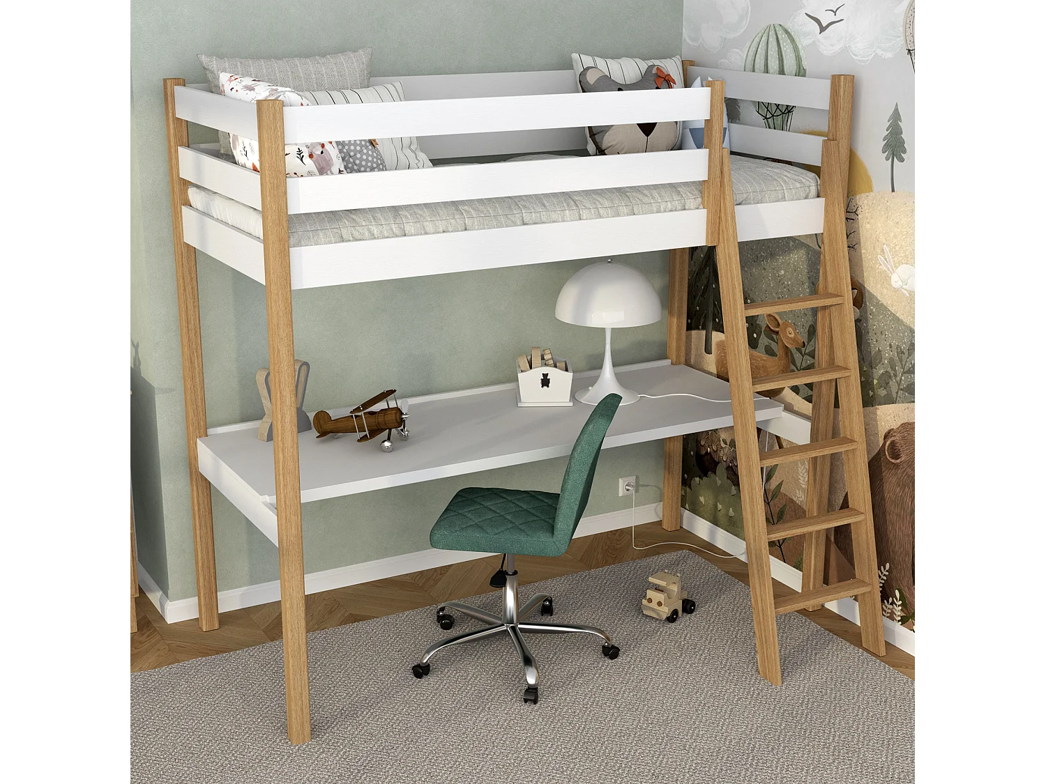 Lit mezzanine en bois - avec bureau N03 Blanc / Chêne Naturel 120x180