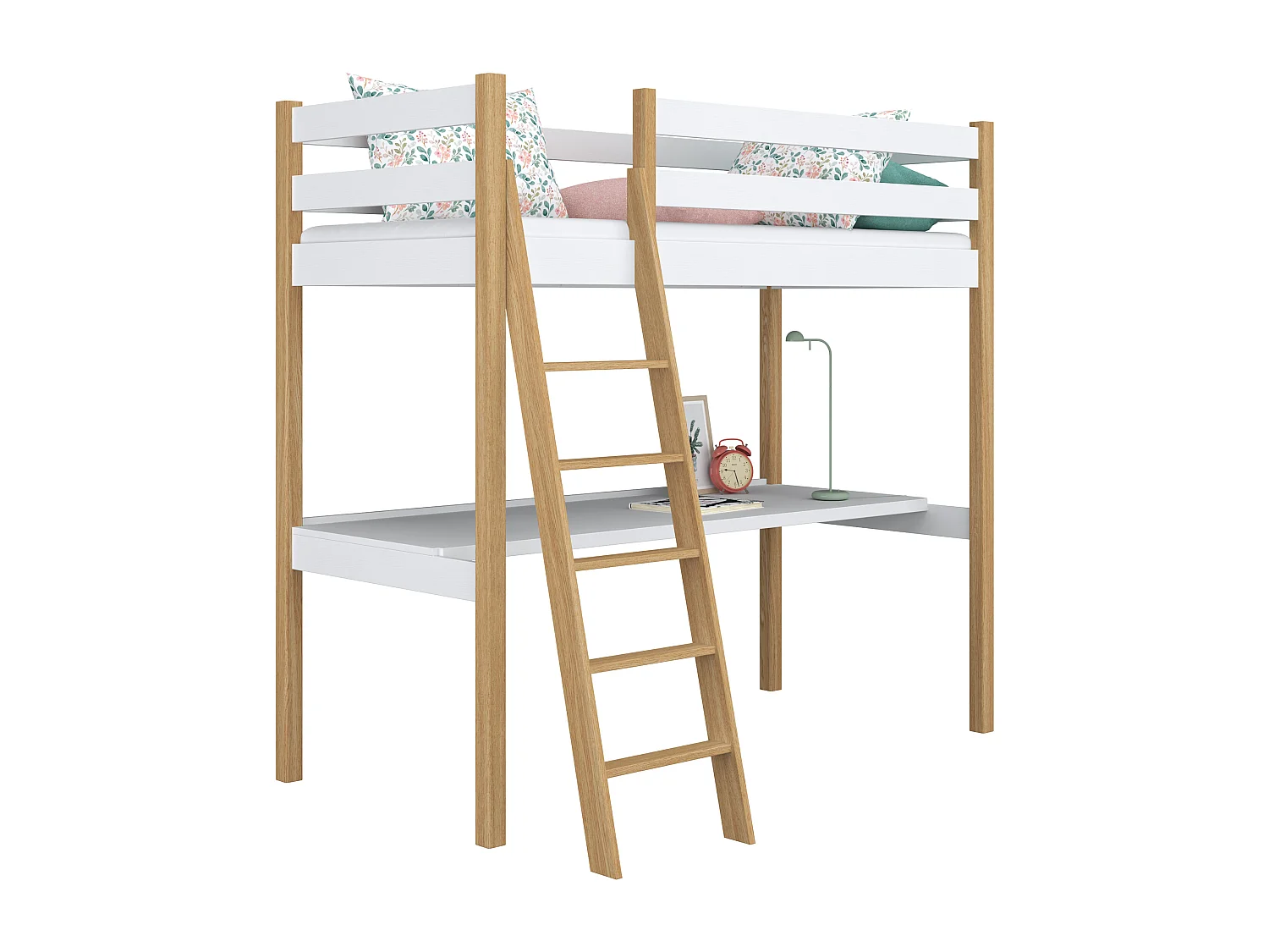 Lit mezzanine en bois - avec bureau N03 Blanc / Chêne Naturel 120x180