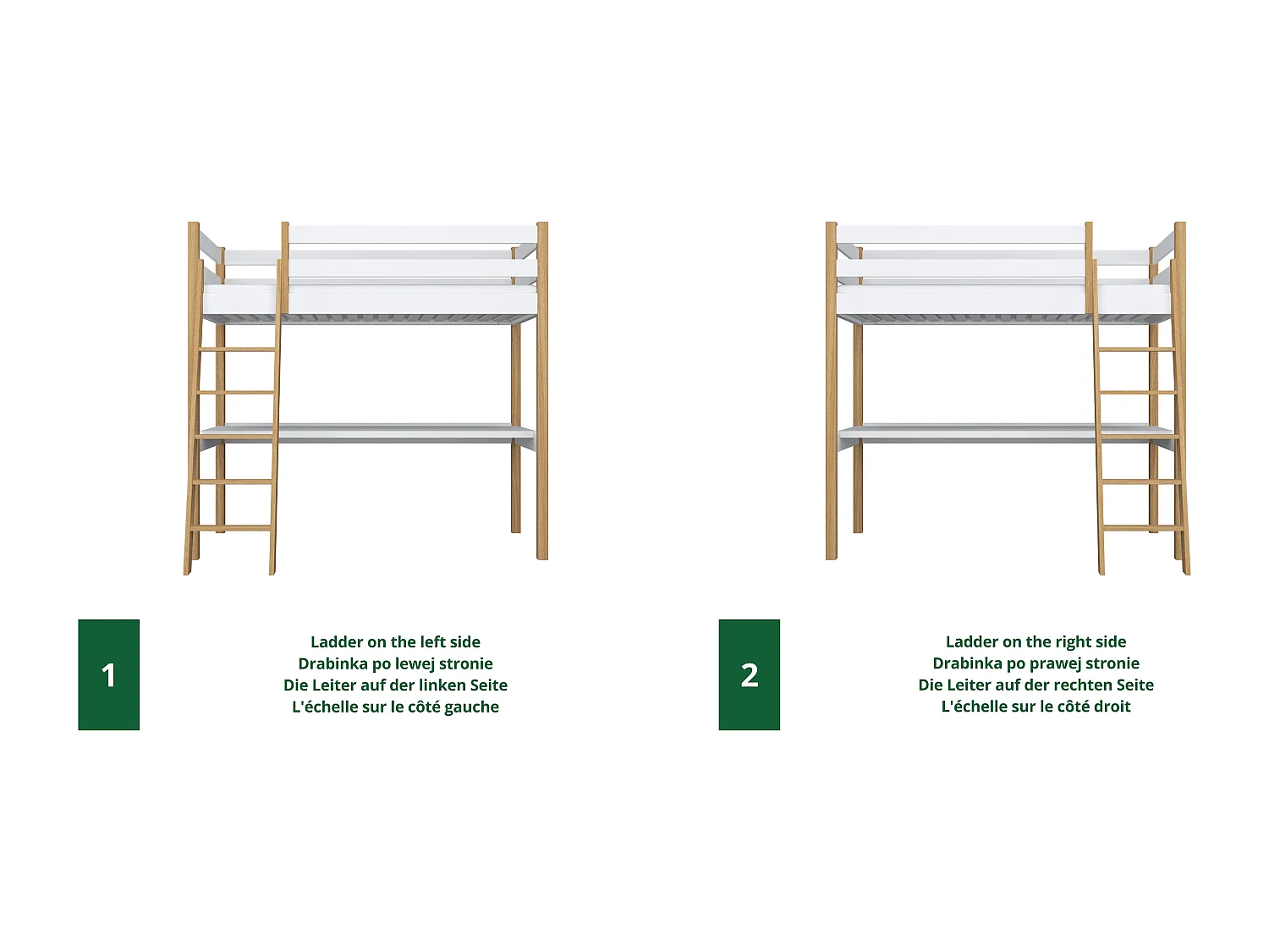 Lit mezzanine en bois - avec bureau N03 Blanc / Chêne Naturel 120x180