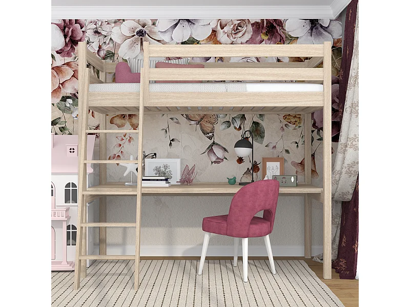 Lit mezzanine en chêne - avec bureau N03 Chêne Blanchi 80x180