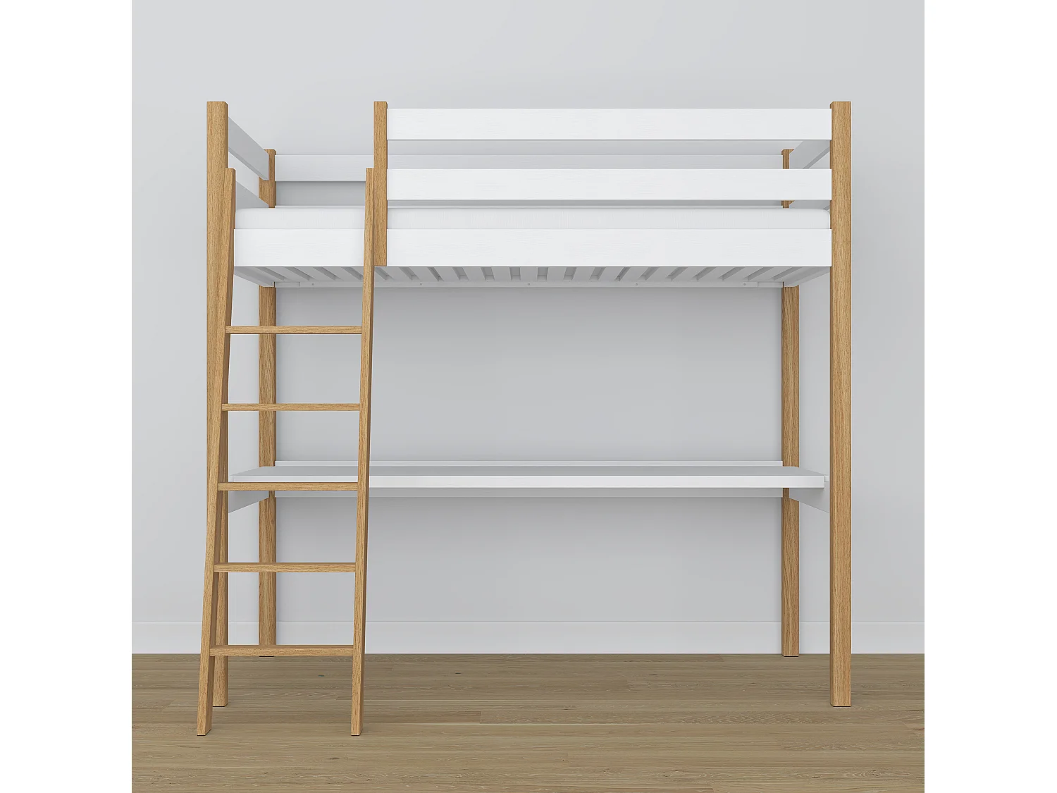 Lit mezzanine en bois - avec bureau N03 Blanc / Chêne Naturel 100x200