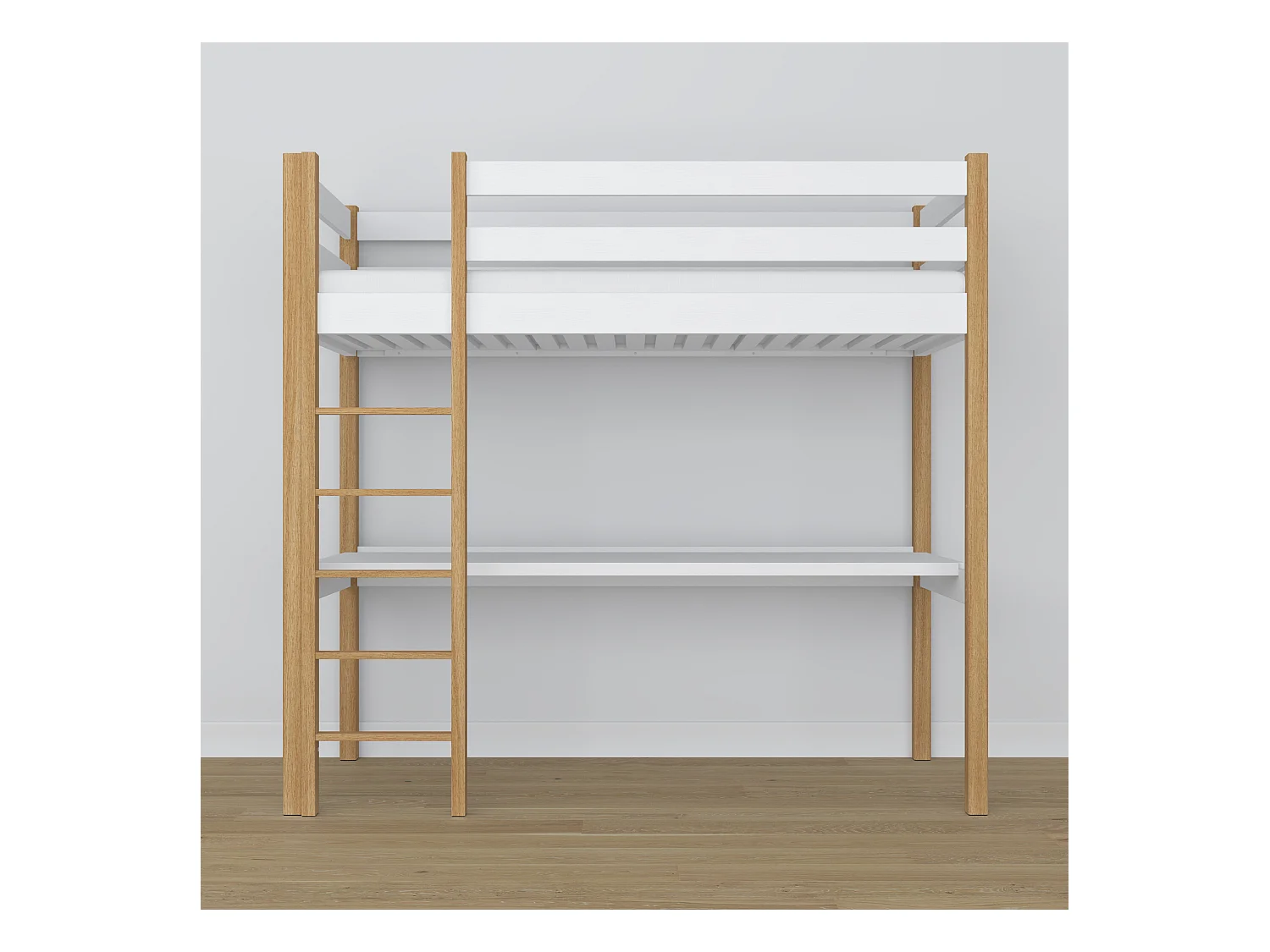 Lit mezzanine en bois - avec bureau N05 Blanc / Chêne Naturel 100x200