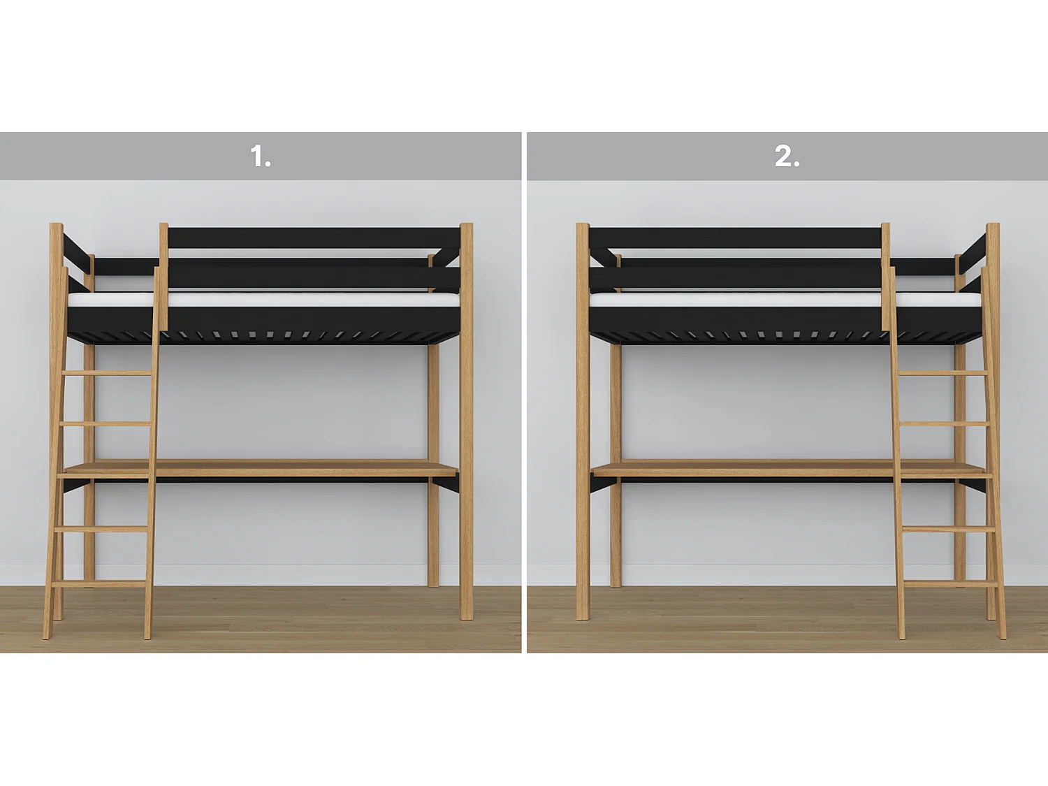 HOCHBETT N03 mit Schreibtisch Schwarz / Eiche Natur 90x200