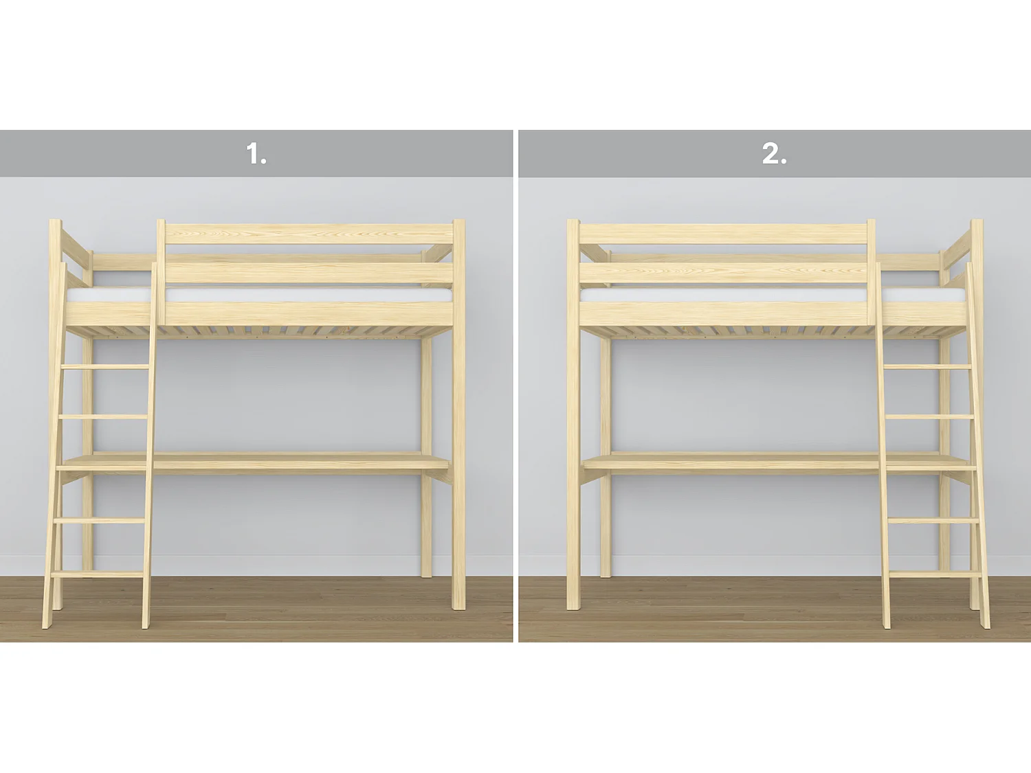 Lit mezzanine en bois - avec bureau N03 Pin Clair 120x190