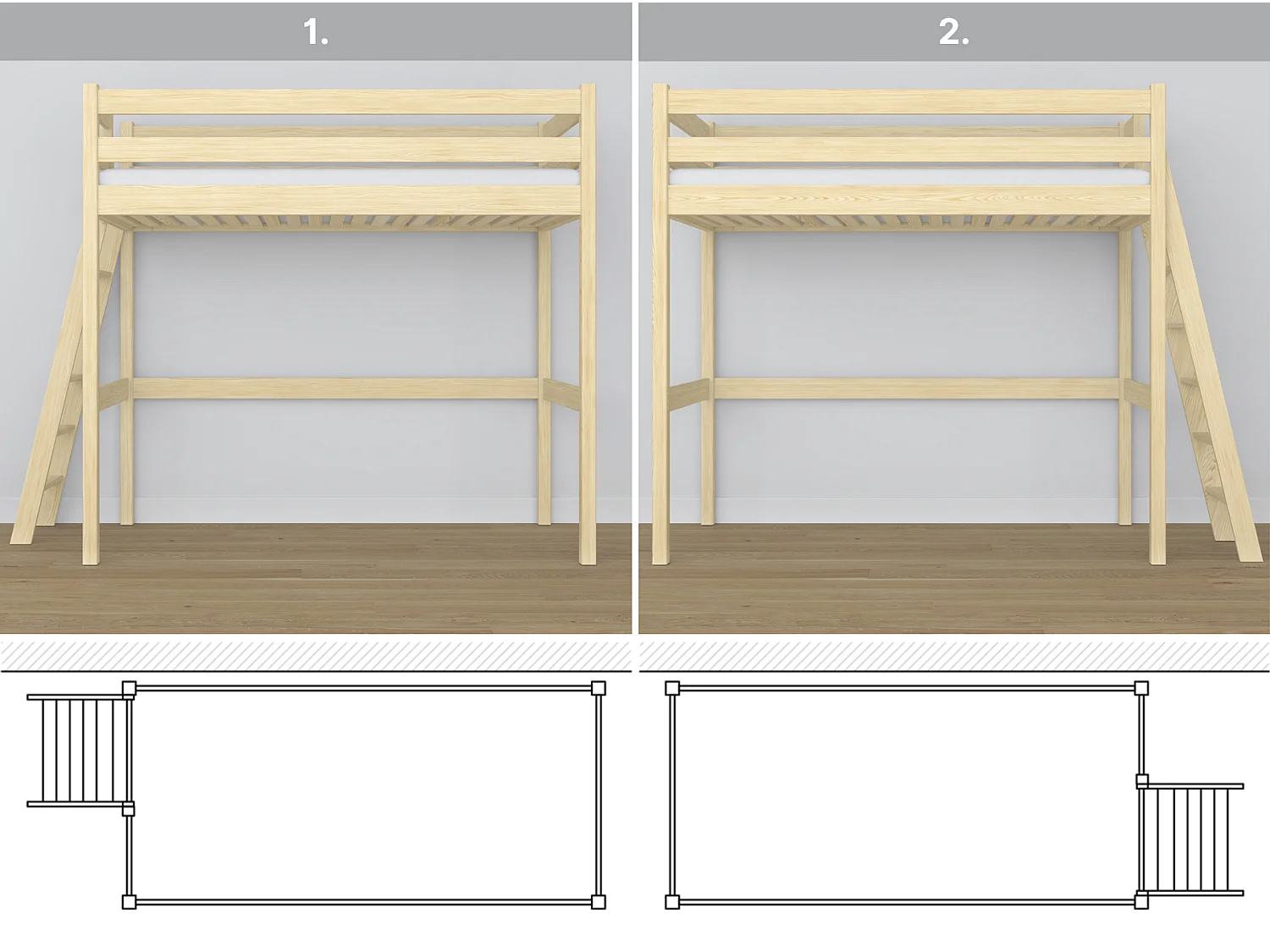 Lit mezzanine en bois N02 Pin Clair 100x200