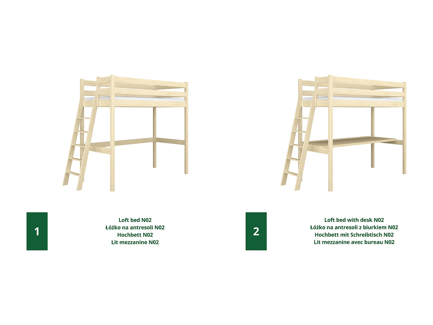 Lit mezzanine en bois N02 Pin Clair 100x200