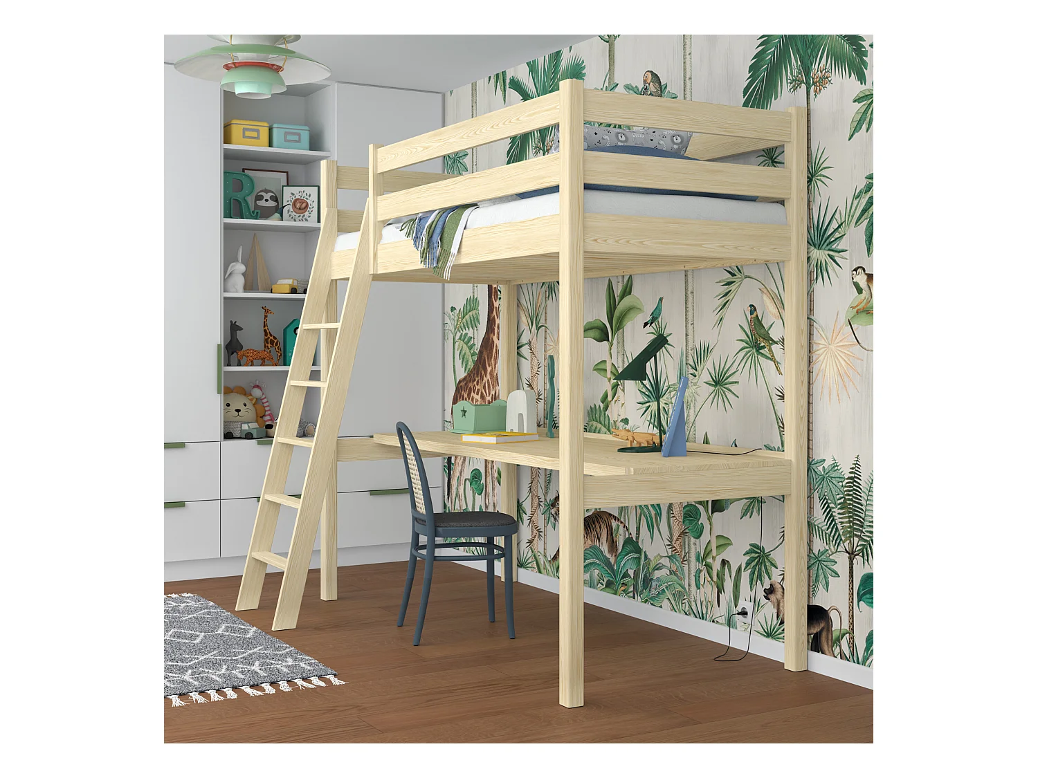 Lit mezzanine en bois - avec bureau N03 Pin Clair 100x190