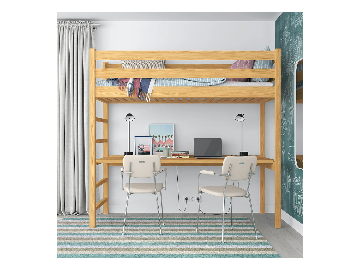 Lit mezzanine en bois - avec bureau N01 Pin Naturel 100x190