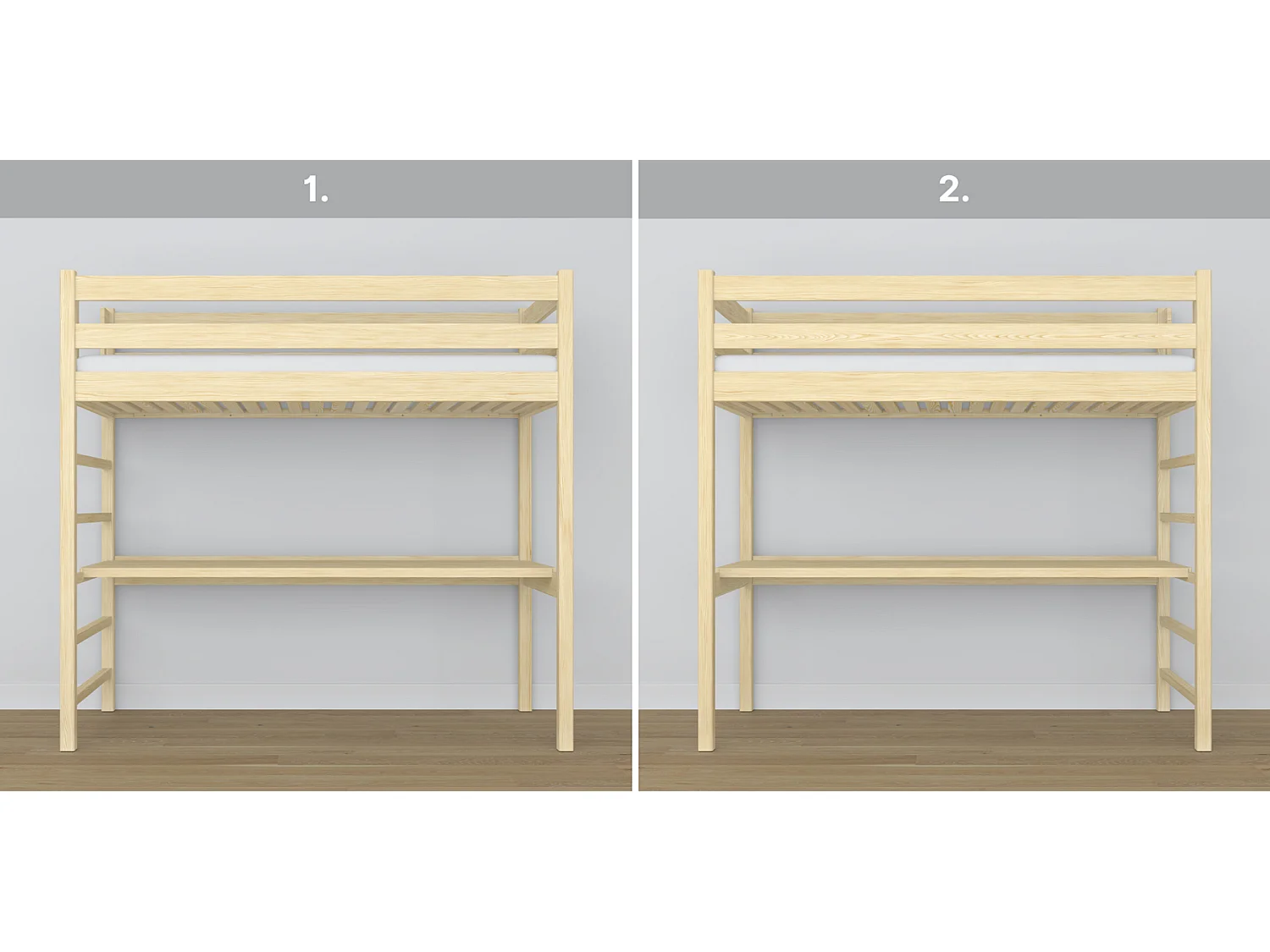 Lit mezzanine en bois - avec bureau N01 Pin Clair 90x190