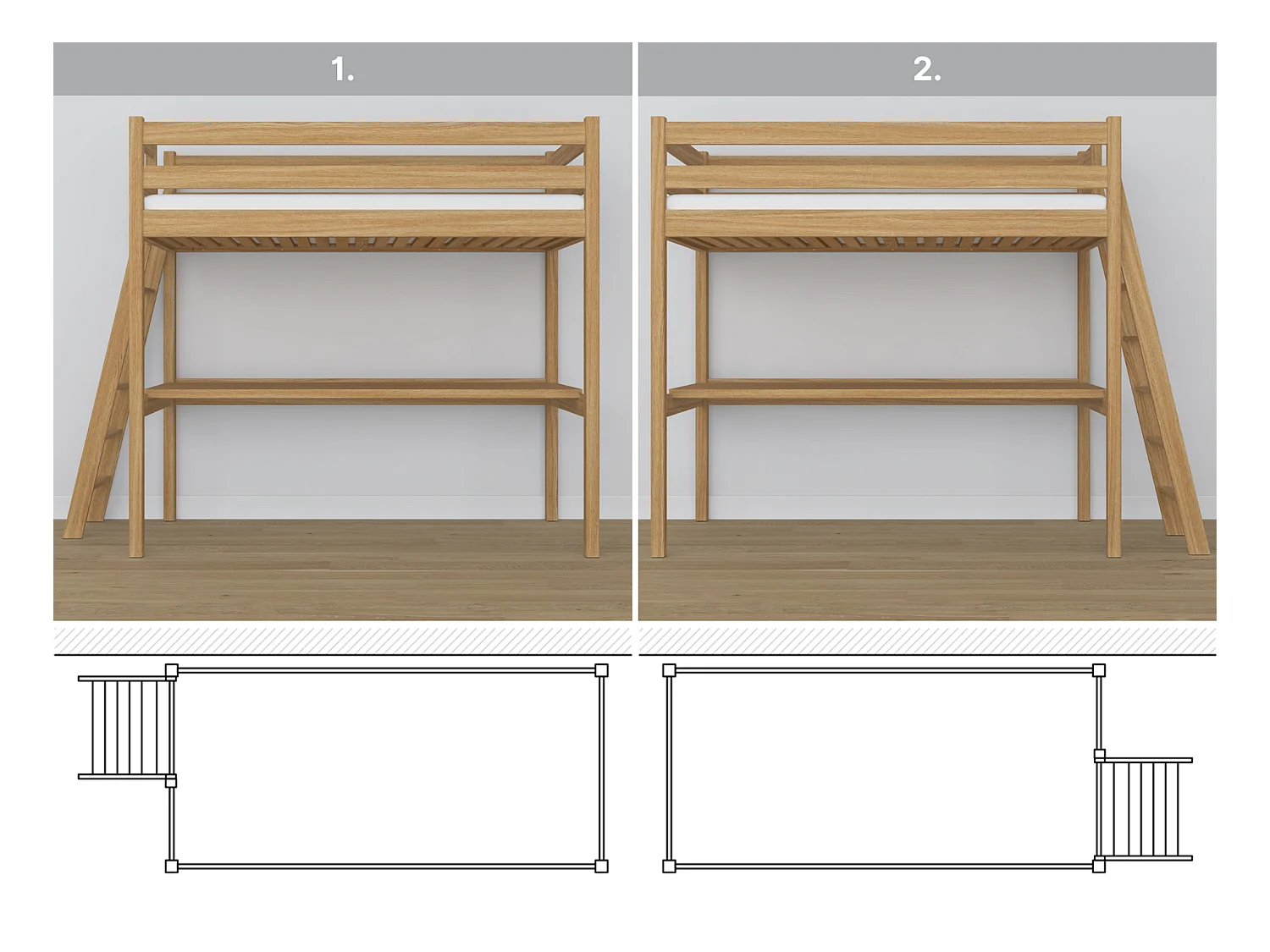 Lit mezzanine en chêne - avec bureau N02 Chêne Naturel 80x200