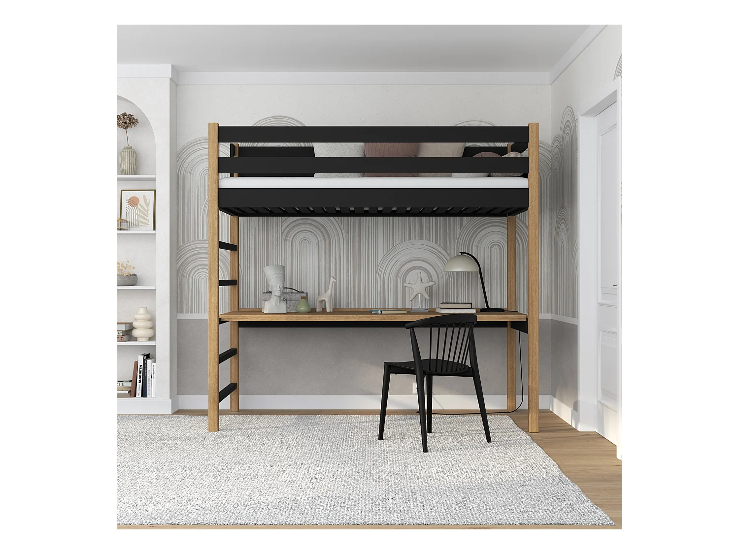HOCHBETT N01 mit Schreibtisch Schwarz / Eiche Natur 120x180