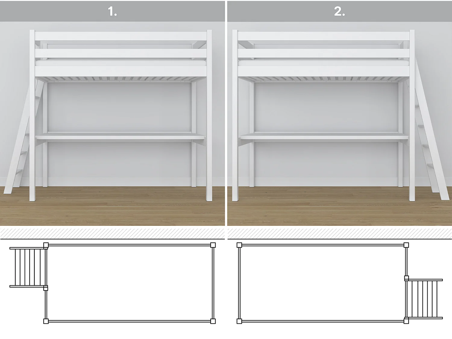 HOCHBETT N02 mit Schreibtisch Weiß 90x180