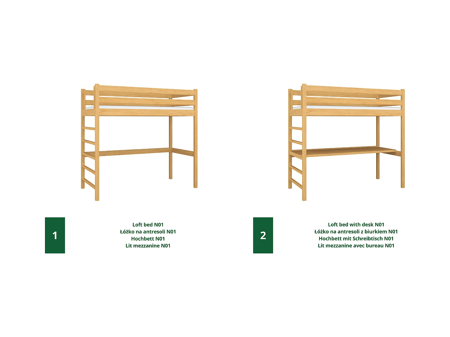 Lit mezzanine en bois - avec bureau N01 Pin Naturel 100x200