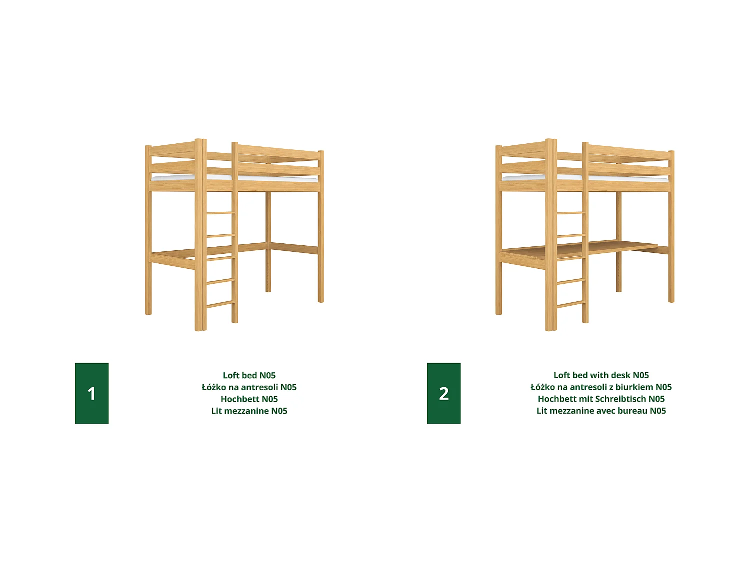 Lit mezzanine en bois - avec bureau N05 Pin Naturel 120x200