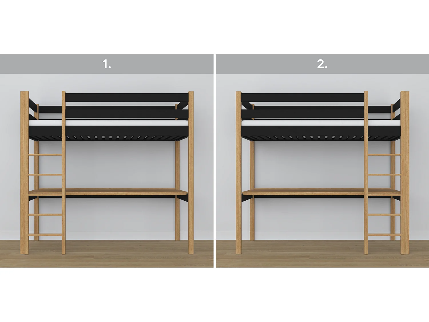 HOCHBETT N05 mit Schreibtisch Schwarz / Eiche Natur 90x190