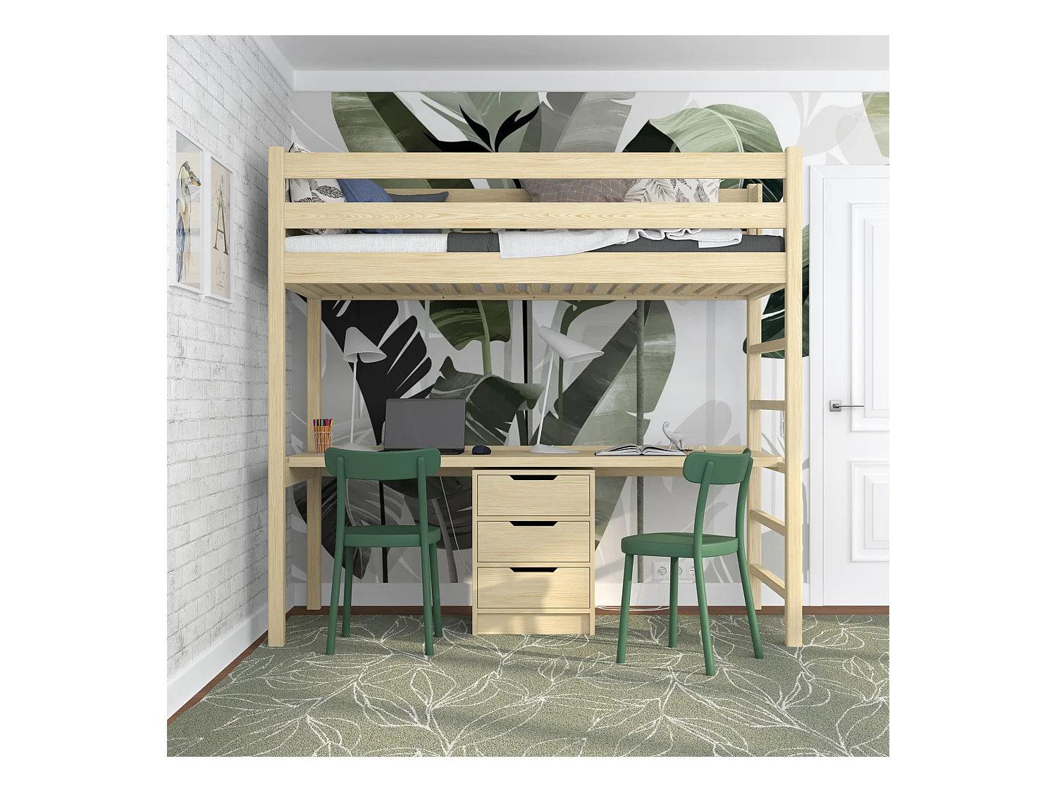 Lit mezzanine en bois - avec bureau N01 Pin Clair 90x200