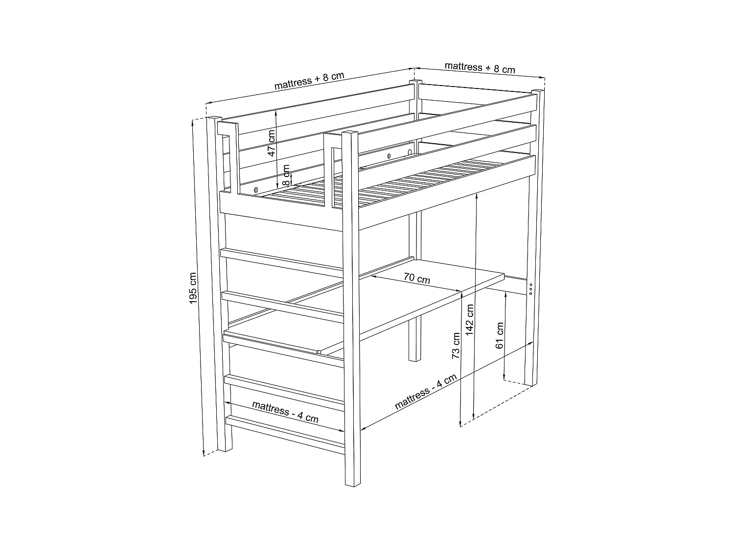 Lit mezzanine en bois - avec bureau N01 Pin Clair 90x200