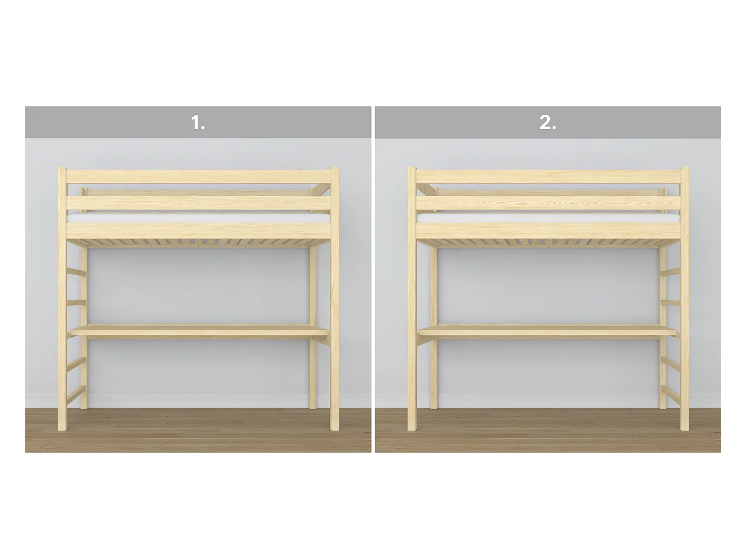 Lit mezzanine en bois - avec bureau N01 Pin Clair 90x200