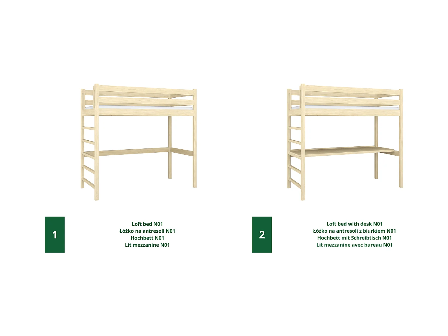 Lit mezzanine en bois - avec bureau N01 Pin Clair 90x200