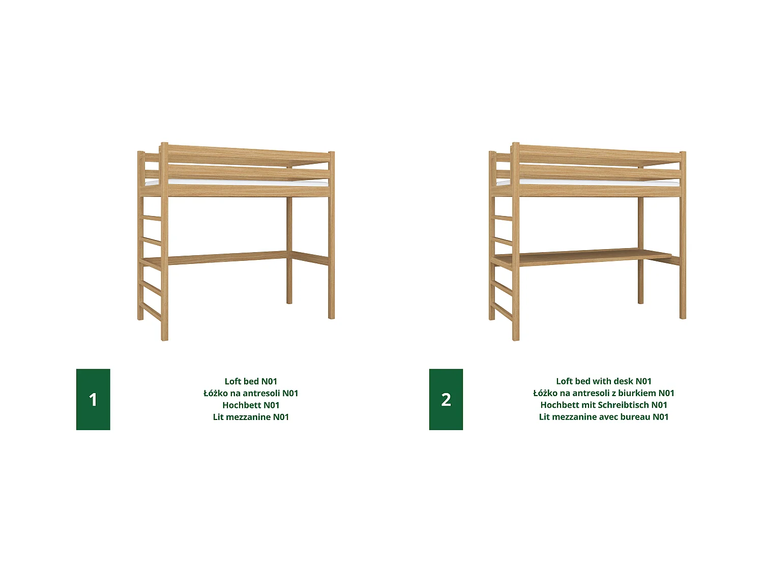 Lit mezzanine en chêne - avec bureau N01 Chêne Naturel 100x190
