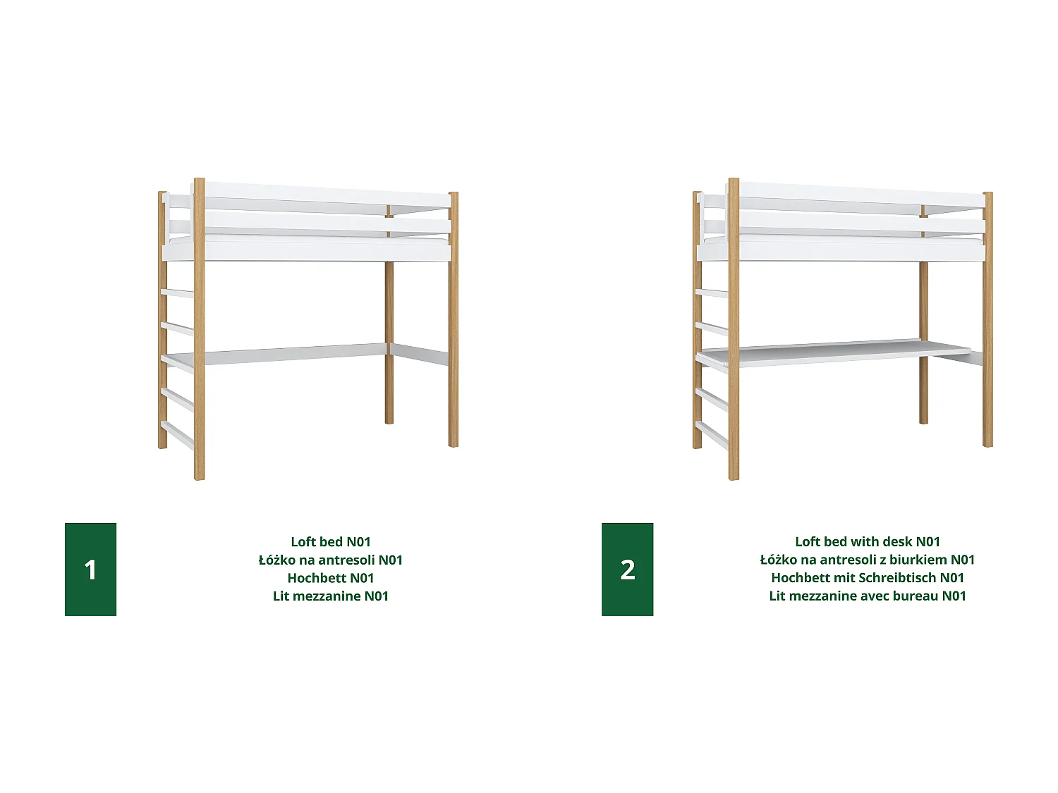 HOCHBETT N01 mit Schreibtisch Weiß / Eiche Natur 90x200