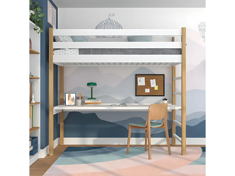Lit mezzanine en bois - avec bureau N01 Blanc / Chêne Naturel 90x200