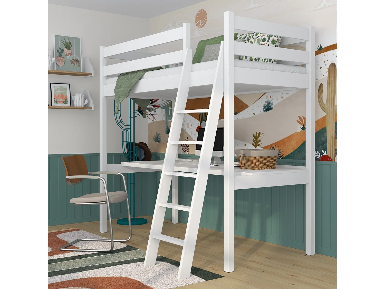 Lit mezzanine en bois - avec bureau N03 Blanc 100x190