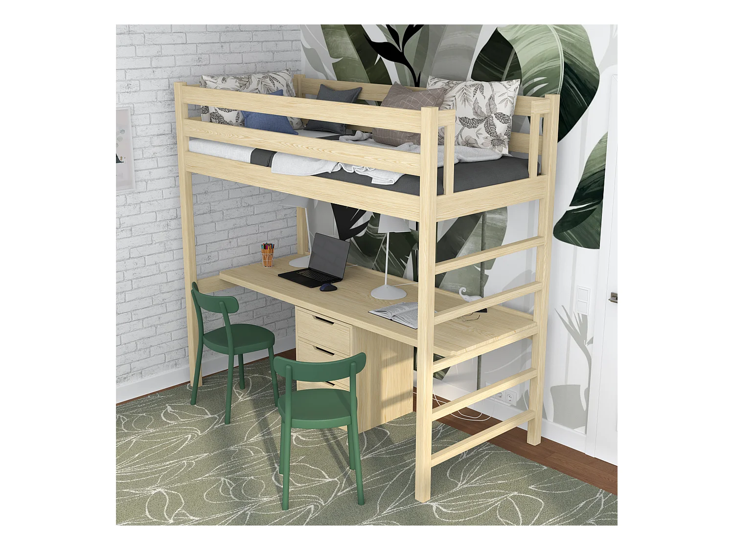 Lit mezzanine en bois - avec bureau N01 Pin Clair 80x190