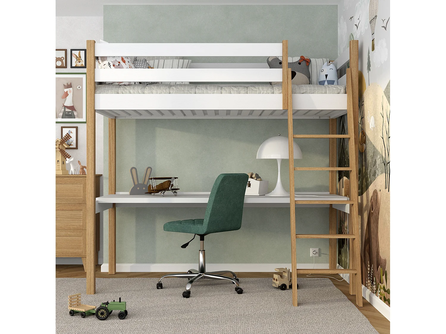 Lit mezzanine en bois - avec bureau N03 Blanc / Chêne Naturel 80x180