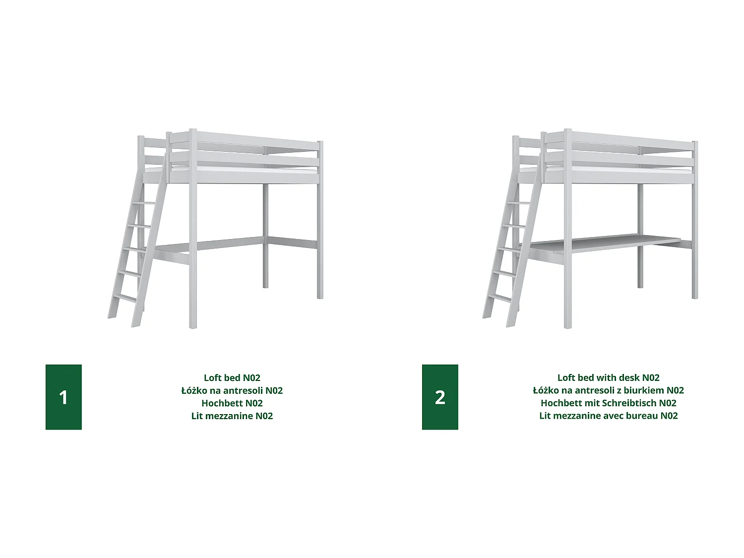 Lit mezzanine en bois - avec bureau N02 Gris 80x200