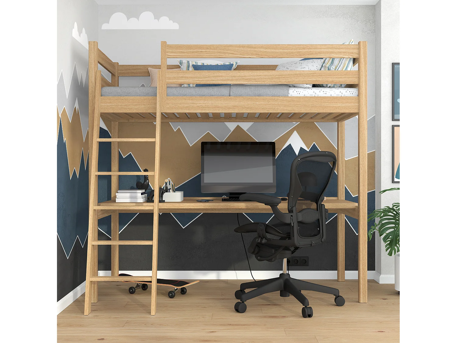 Lit mezzanine en chêne - avec bureau N03 Chêne Naturel 120x200