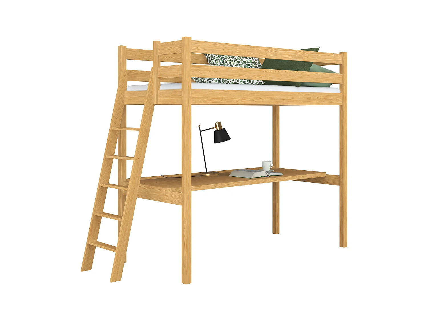 Lit mezzanine en bois - avec bureau N02 Pin Naturel 100x190