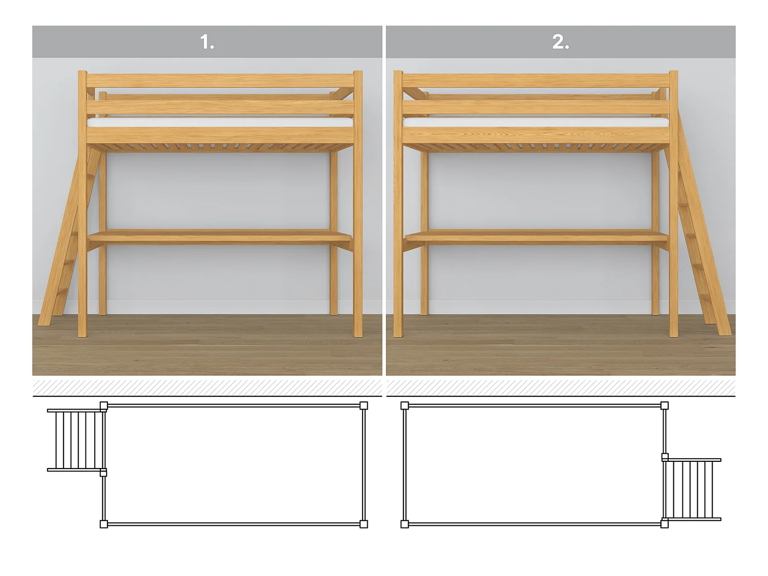 Lit mezzanine en bois - avec bureau N02 Pin Naturel 100x190