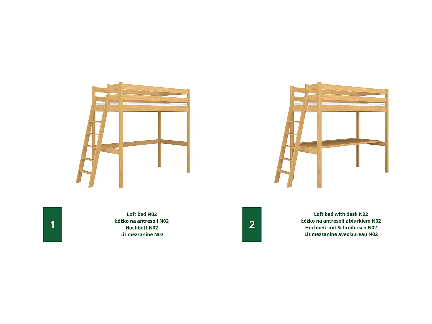 Lit mezzanine en bois - avec bureau N02 Pin Naturel 100x190