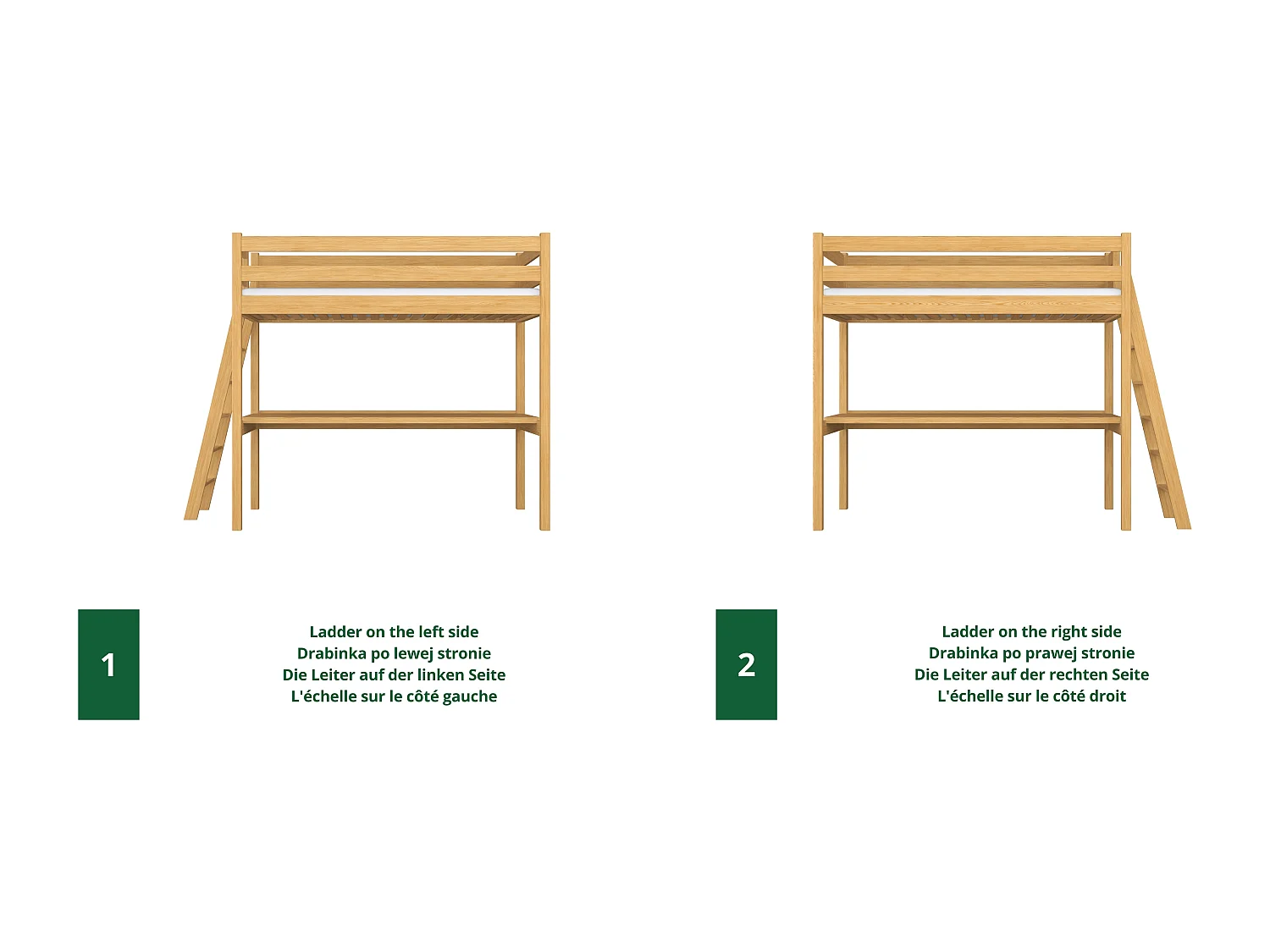 Lit mezzanine en bois - avec bureau N02 Pin Naturel 100x190