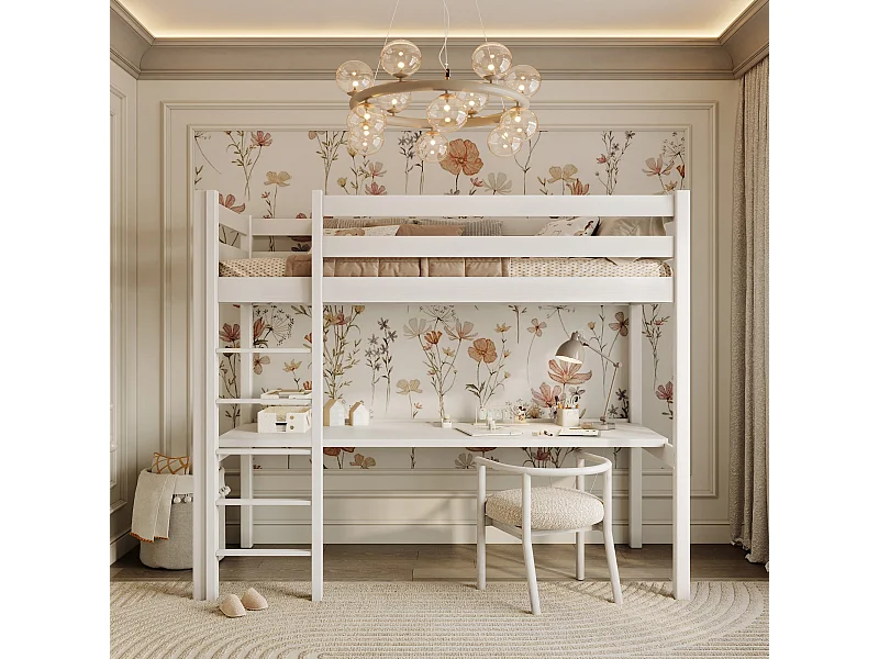 Lit mezzanine en bois - avec bureau N05 Blanc 120x180