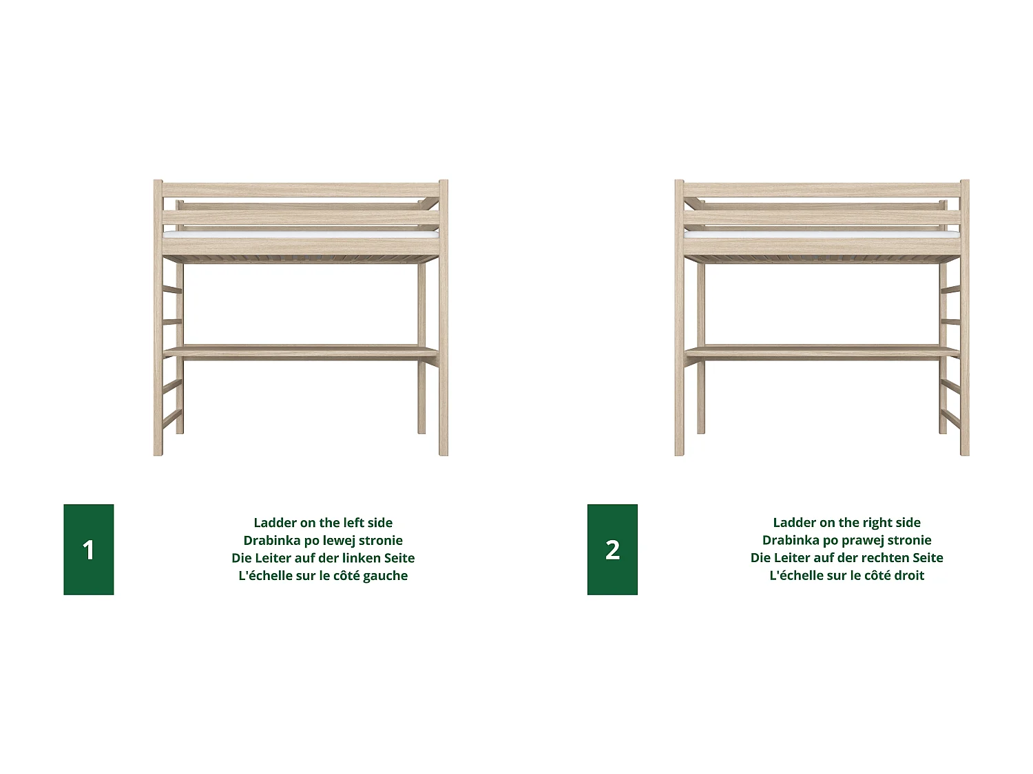 Lit mezzanine en chêne - avec bureau N01 Chêne Blanchi 80x190