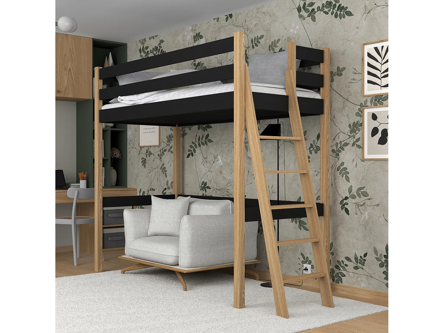 Lit mezzanine en bois N02 Noir / Chêne Naturel 100x190