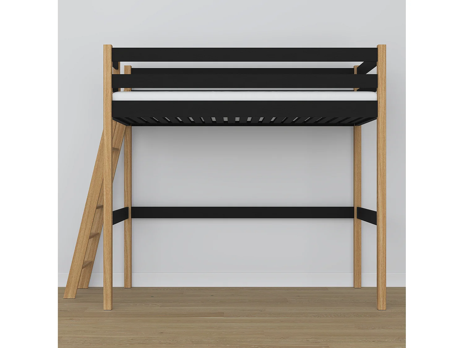Lit mezzanine en bois N02 Noir / Chêne Naturel 100x190