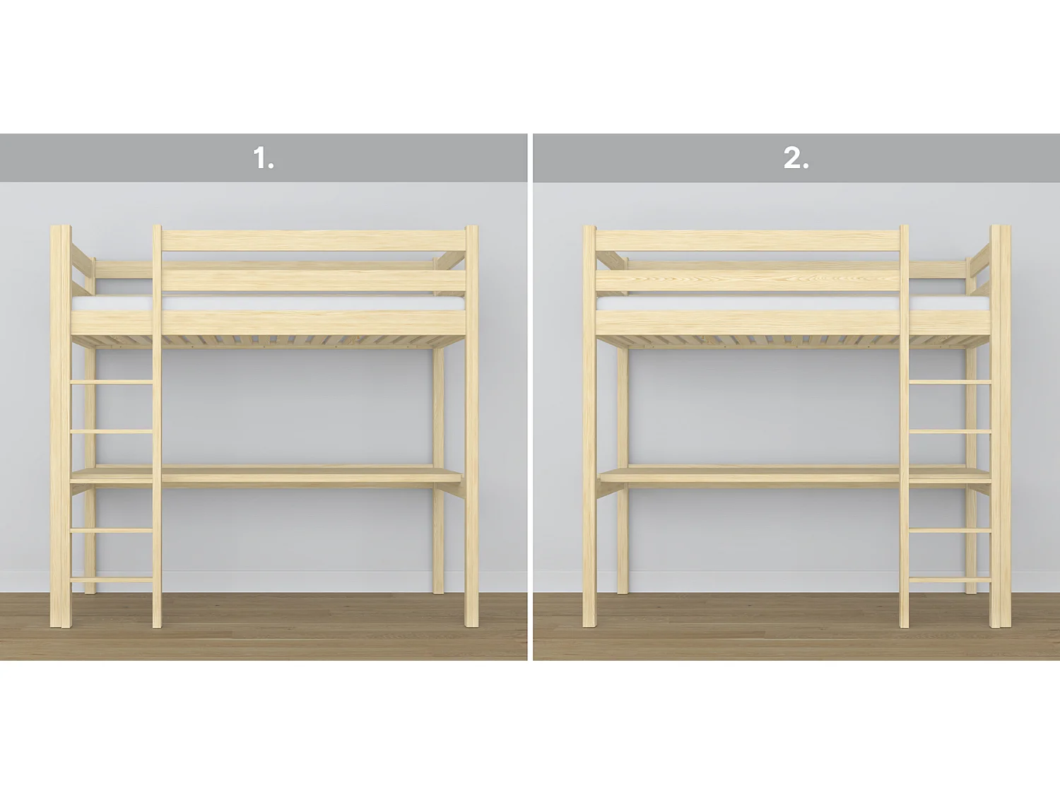 Lit mezzanine en bois - avec bureau N05 Pin Clair 90x180