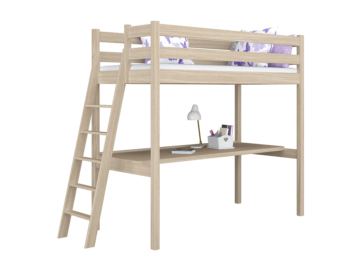 Lit mezzanine en chêne - avec bureau N02 Chêne Blanchi 120x200
